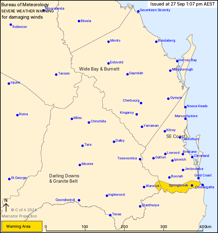 Severe Weather Warning for DAMAGING WINDS

DAMAGING SOUTH TO SOUTHEASTERLY WIND GUSTS of around 90 km/h are expected to develop about the Scenic Rim and parts of the far southeastern coast overnight tonight into Saturday morning.

bom.gov.au/products/IDQ21…