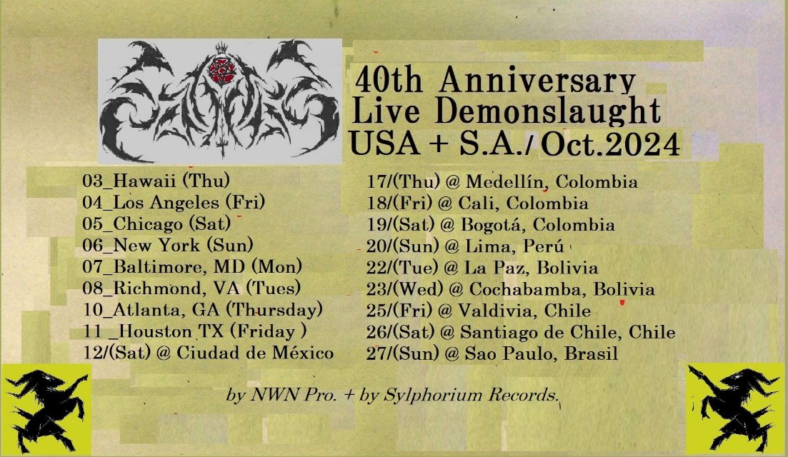 Metal_Centre's tweet photo. The Japanese SABBAT will embark on a tour across the USA and South America in October 2024 to celebrate their 40th anniversary!
#sabbat #sylphoriumshowagency #nwnproductions #bornforburning #electricassaultrecords #metalthreat #lastnightmare #volcanicstrike #MetalCentre #tour https://t.co/dn83D5EYWE
