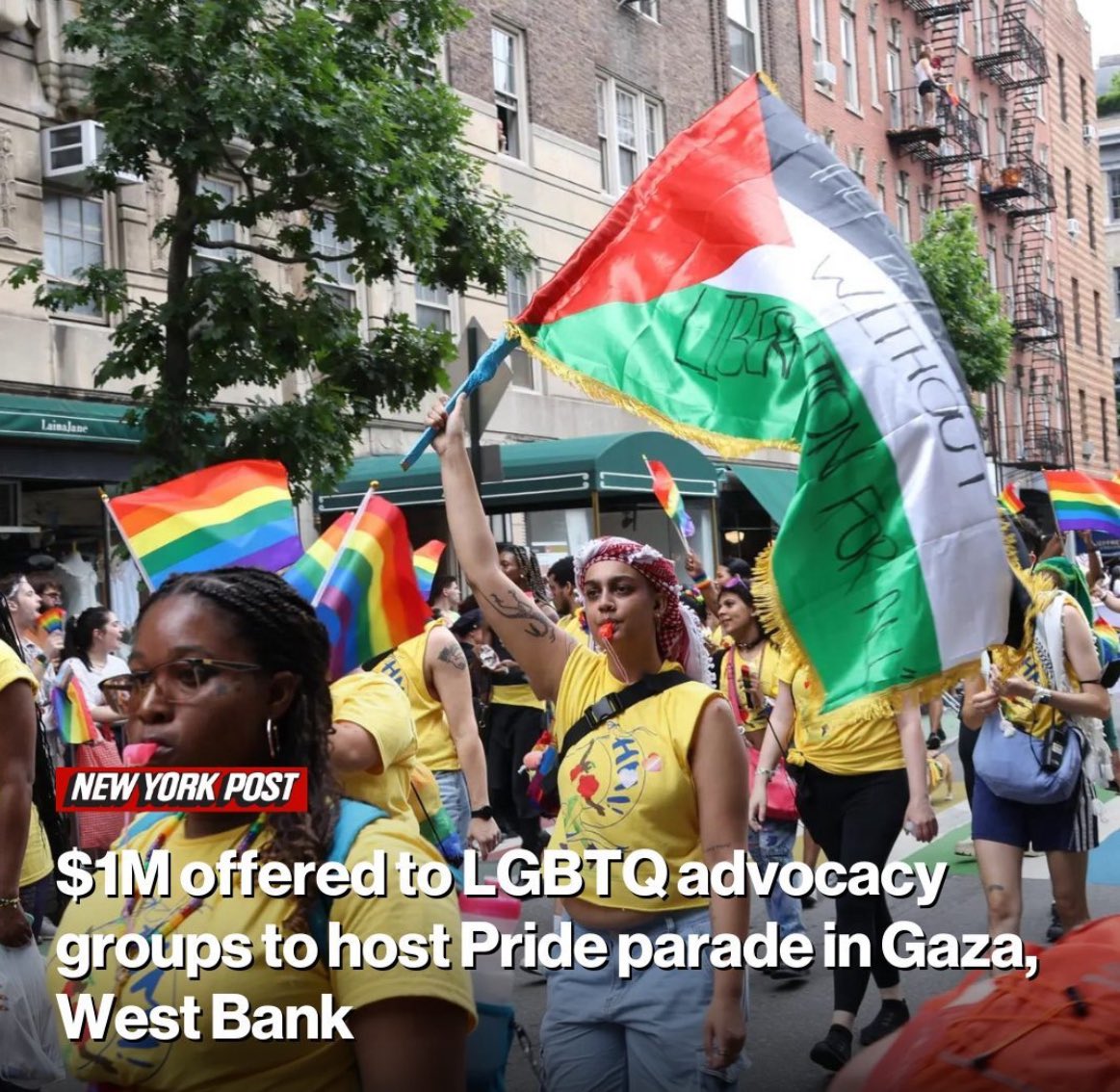 Noooo_meme's tweet photo. $1M offered to LGBTQ advocacy groups to host Pride Parade in Gaza West Bank - @nypost https://t.co/M039mUFNY7