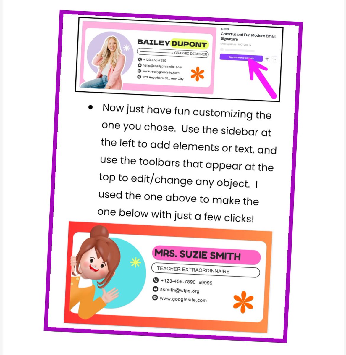 kerszi's tweet image. Hey creative educators!  So many of you have been asking how to make those super schnazzy @gmail signatures using @CanvaEdu, so today I made you some VERY step-by-step directions!   Go create - and then PLEASE snapshot it and post so I can see what you designed!  🤩   #WTPSedtech…