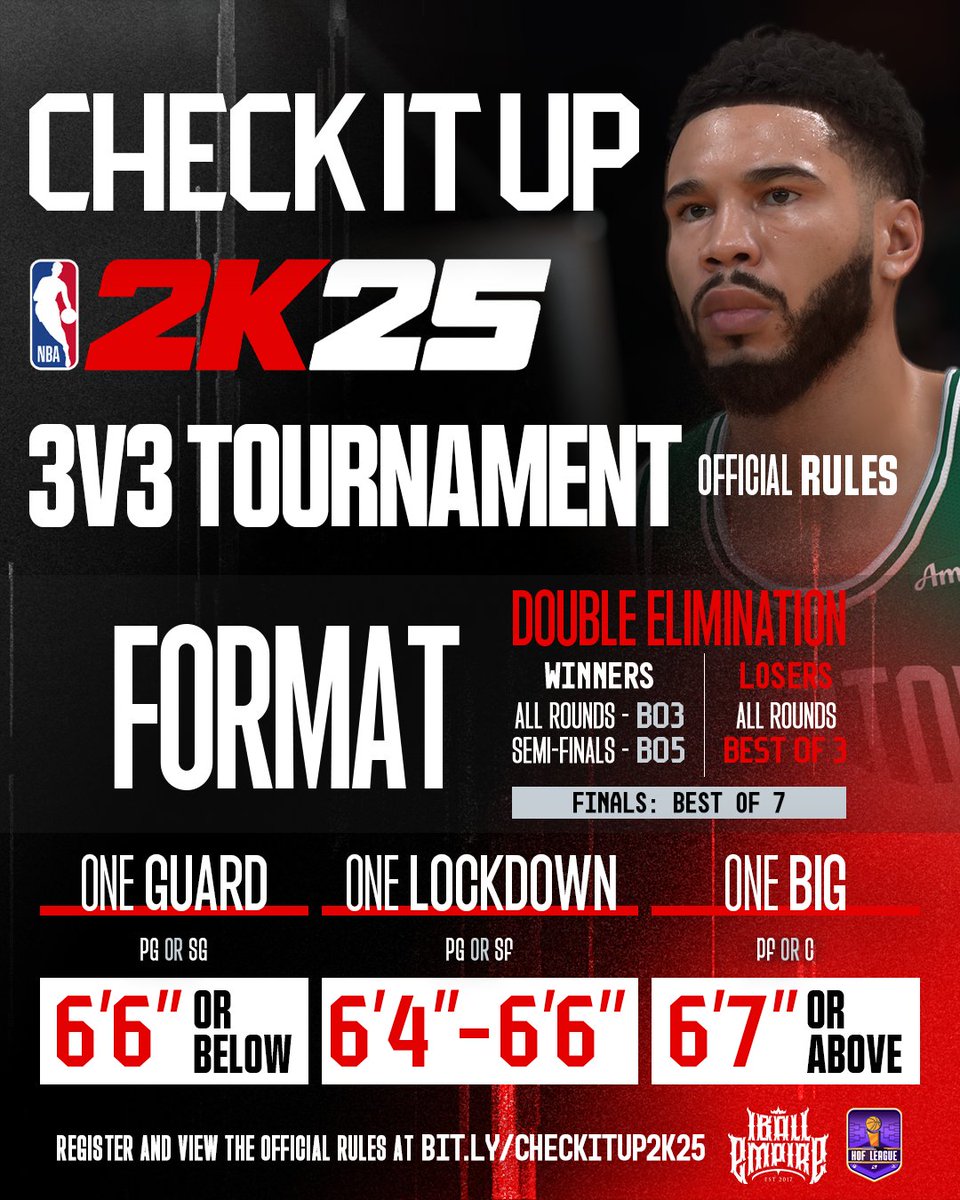 TOURNAMENT UPDATE 🚨

1⃣ Early Bird Registration Ends Tomorrow
2⃣ Lockdowns now MUST be 6"4-6"6

There will be NO EXCEPTIONS whatsoever for failing to register during the early bird window. 

Sign up now to save 50% off 👇
🔗: Bit.ly/CHECKITUP2K25
