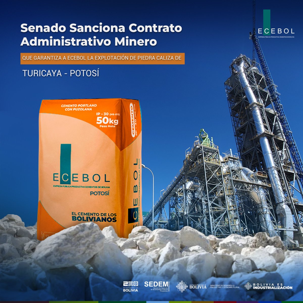 Sedem_Bolivia's tweet image. #SedemSomosIndustriaBoliviana |El Senado sancionó el proyecto de ley de Contrato Administrativo Minero que permite a la Empresa Pública Productiva Cementos de Bolivia #Ecebol, explotar la piedra caliza de la cantera de Turicaya #Potosí, para llegar al 100% de sus operaciones .