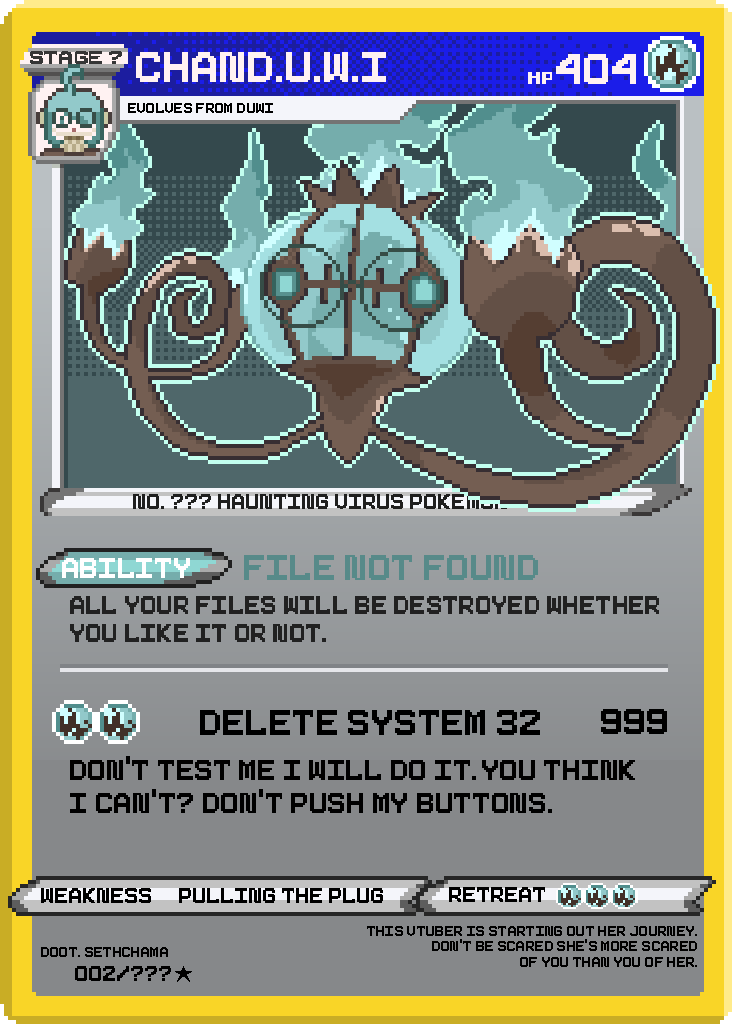 SethChamaChama's tweet photo. I did drop by your stream @Duwi_EXE and said I wasn't sure how to make a doot for you. But then again I remembered something other than back*****.  Chandelure huh...

#Pokemon #DuArt #Pixelart #Vtuber 

fact about Duwi: This one likes to make all of her stream stuff herself. https://t.co/NzGw91KHqP