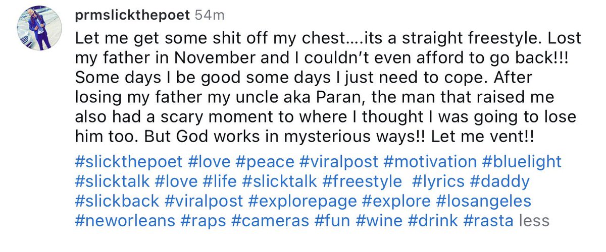 PRMSlickThePoet's tweet image. Let me vent!! Pt.1 
#slickthepoet #love #peace #viralpost #motivation #bluelight #slicktalk #love #life #slicktalk #freestyle  #lyrics #daddy #slickback #viralpost #explorepage #explore #losangeles #neworleans #raps #cameras #fun #wine #drink #rasta