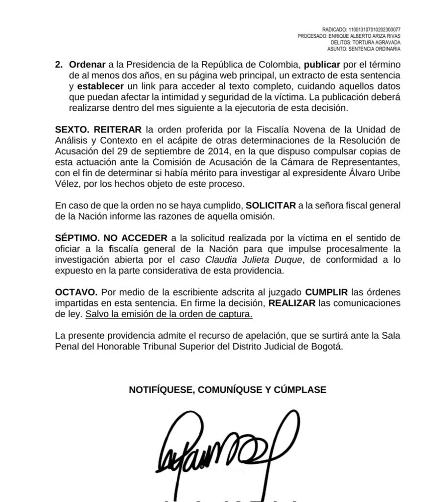 JUSTICIA!!
Enrique Ariza Rivas, exdirector de Inteligencia del DAS, es el octavo condenado por tortura contra Claudia Julieta Duque 
El Juzgado Décimo Penal Especializado de Bogotá acaba de condenar al exdirector de Inteligencia del DAS Enrique Alberto Ariza Rivas a una pena de
