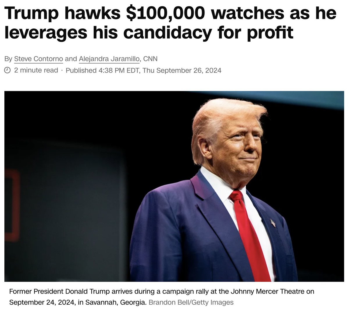 TVietor08's tweet photo. This guy is now selling ONE HUNDRED THOUSAND DOLLAR watches on top of Trump brand silver coins, crypto currency, NFTs and shares of stock in a company that makes no money. Truly unbelievable layers of grift. https://t.co/GDmqP8Meo9