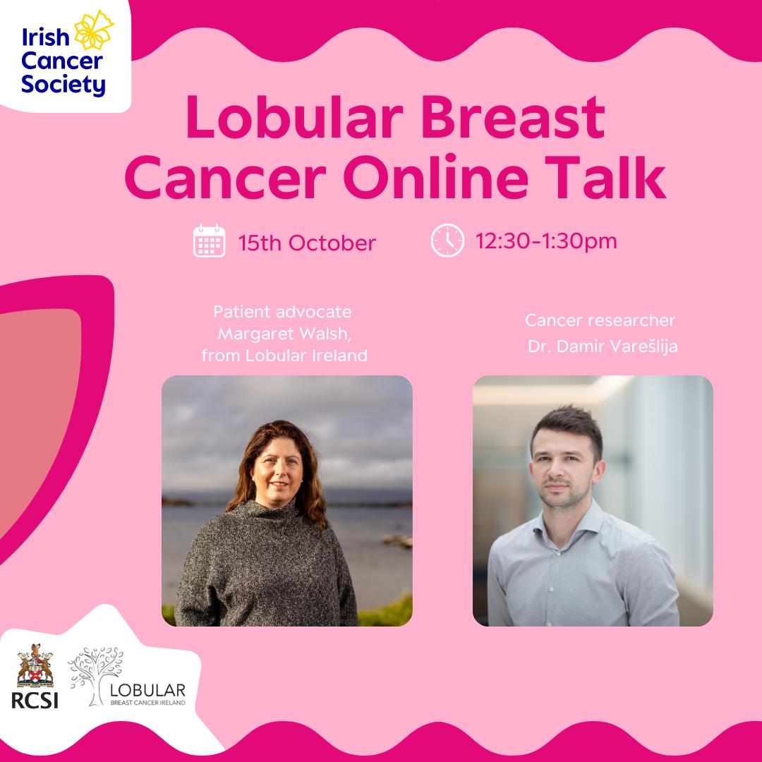 LobularIreland's tweet photo. Join us on Oct 15th to mark World #LobularBreastCancerDay Lobular Ireland Patient Advocates in conversation with @RCSI_Irl @damirvareslija hosted by @IrishCancerSoc
Registration free using this link
https://t.co/Mmd6ML29Sv
#NotAlwaysALump
#LivingWithLobular https://t.co/39bykiyG2D