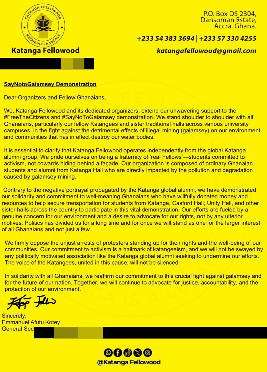 KatangaFellows's tweet photo. ⚫️🟡Immediate Press Release 🚨 🚨 

Fellows distance ourselves from our self-centered and politically tainted alumni association!

We are Ghanaians first!

#FreeTheCitizens 
#SayNoToGalamsey https://t.co/tKNMJqOJ95