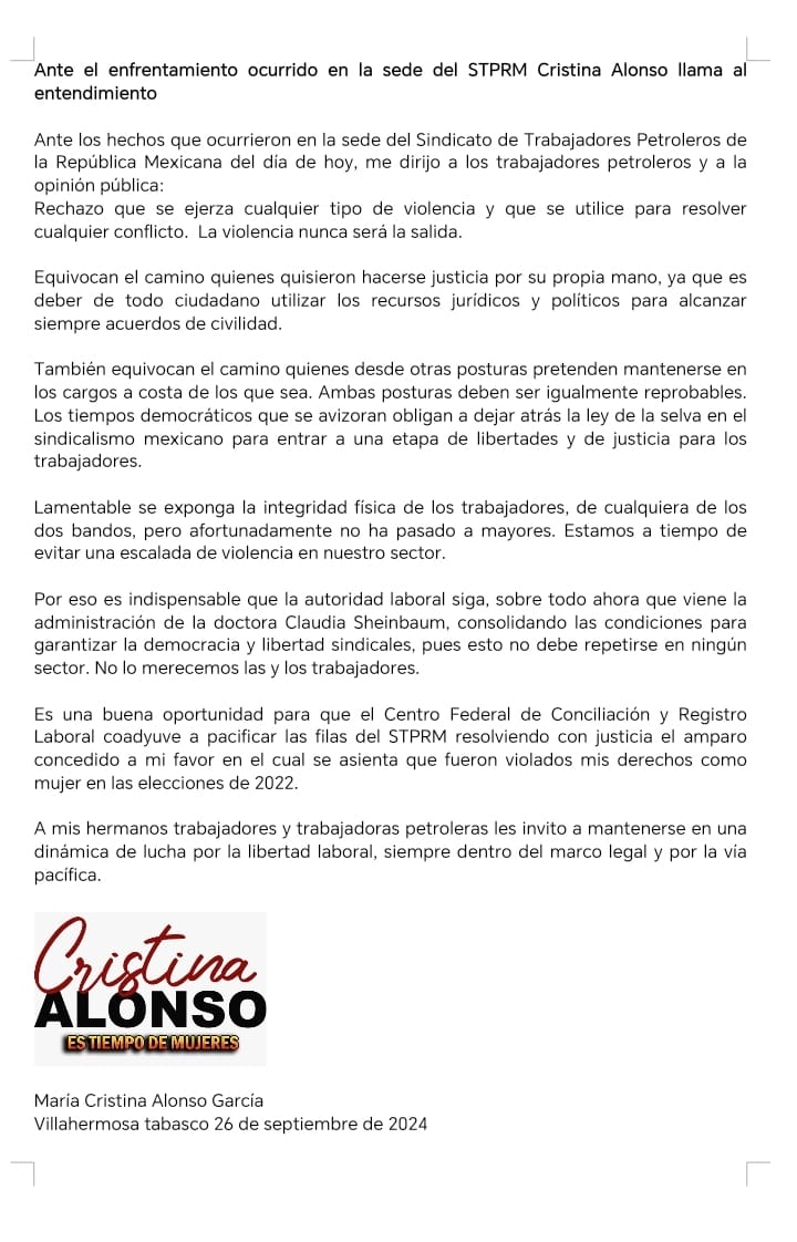 Ante el enfrentamiento ocurrido en la sede del STPRM Cristina Alonso <a href="/Cristialonso70/">Cristina Alonso García</a> llama al entendimiento