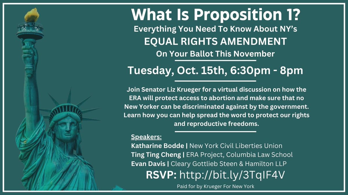 In November, vote YES on NY #Prop1, the Equal Rights Amendment, to protect our rights and freedoms, including abortion rights. To learn more about Prop 1, join me on October 15th for a virtual discussion. RSVP here: bit.ly/3TqIF4V #FlipYourBallot