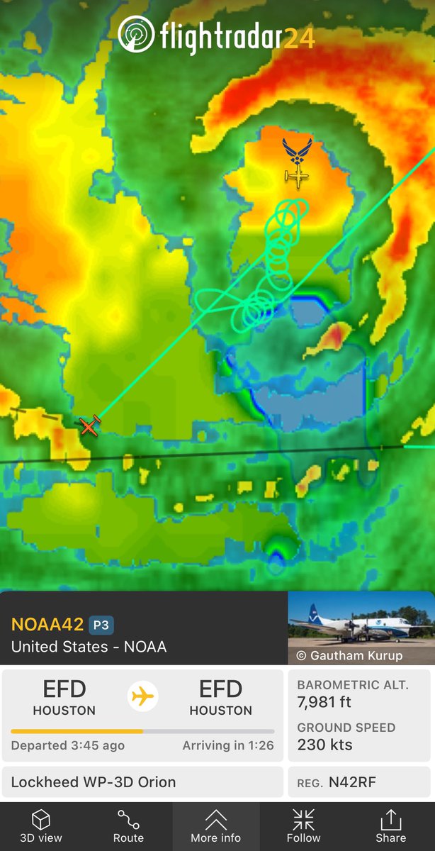 The <a href="/NOAA_HurrHunter/">NOAA Aircraft Operations Center</a> Hurricane Hunters are really hunting #Helene tonight. That’s a lot of turns near the eye. fr24.com/NOAA42/3747a90d