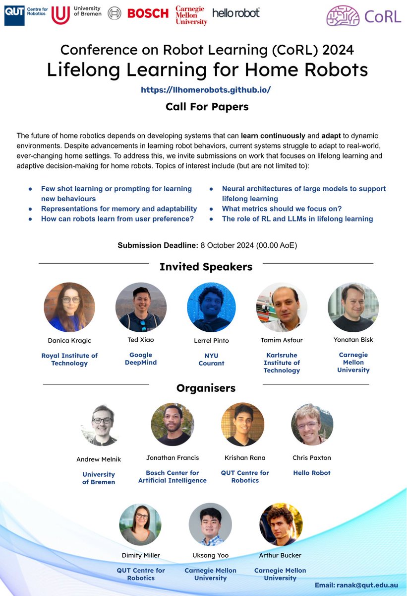 📢 Call for Papers: Submissions are still open for our "Workshop on Lifelong Learning for Home Robots" which will be running at the Conference on Robot Learning #CoRL2024 in Munich 🇩🇪 on Nov 9.

🌐For more details visit: llhomerobots.github.io

#robotics #ai #lifelonglearning