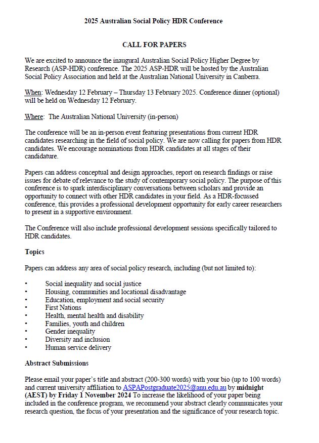 Aust Data Archive (@ausdataarchive) on Twitter photo 📢 HDR Conference <a href="/WhatAustThinks/">Social Research @ANU</a>
Please email your paper’s title and abstract (200-300 words) with your bio (up to 100 words) and current university affiliation to ASPAPostgraduate2025@anu.edu.au by midnight (AEST) by Friday 1 November 2024. 📢 HDR Conference <a href="/WhatAustThinks/">Social Research @ANU</a>
Please email your paper’s title and abstract (200-300 words) with your bio (up to 100 words) and current university affiliation to ASPAPostgraduate2025@anu.edu.au by midnight (AEST) by Friday 1 November 2024.