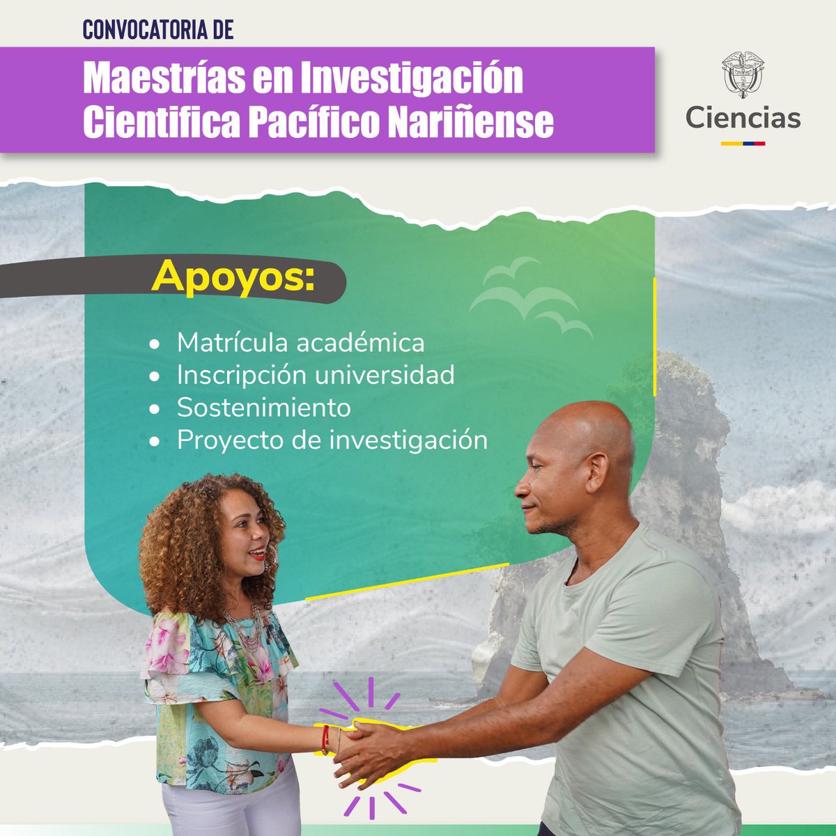 #Anuncio | La convocatoria de Maestrías en Investigación para Docentes del Pacífico Nariñense extiende su fecha de cierre al 25 de octubre🗓️. ¡Profe, no dejes para última hora tu postulación, entra al link y participa!
📝Detalles: minciencias.gov.co/convocatorias/…