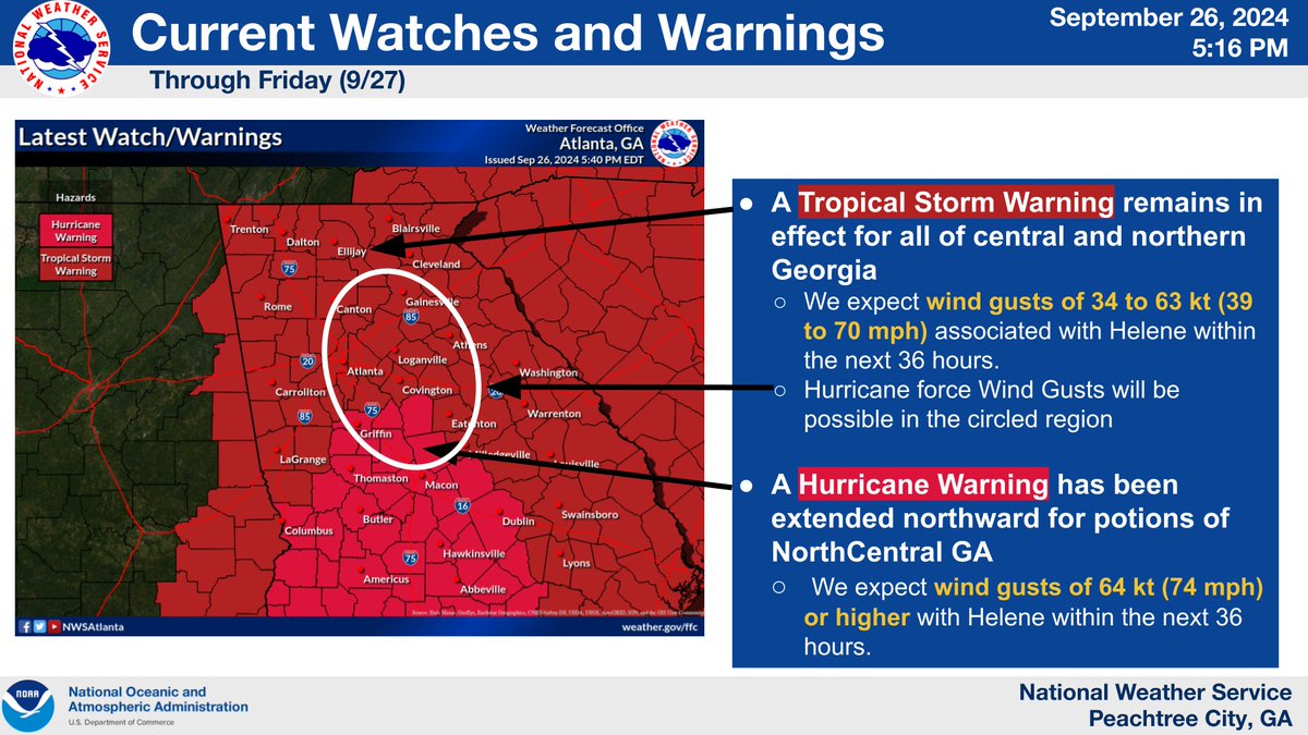 NWSAtlanta's tweet photo. 7:45 PM Update (2/4): We have expanded Hurricane Warnings further northward with this update. In addition to tropical storm force winds, a few locations as far north as the ATL metro and high terrain in the northeast GA mountains could see hurricane force wind gusts. #gawx https://t.co/YWVYXUh0gz