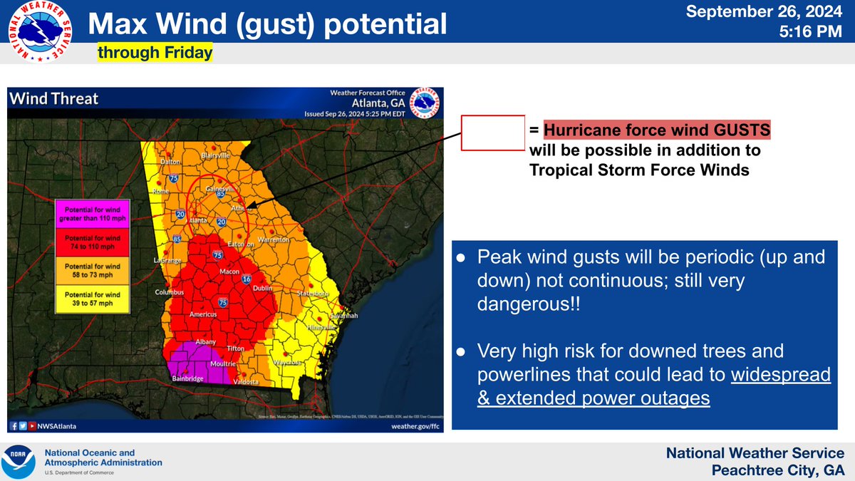 NWSAtlanta's tweet photo. 7:45 PM Update (2/4): We have expanded Hurricane Warnings further northward with this update. In addition to tropical storm force winds, a few locations as far north as the ATL metro and high terrain in the northeast GA mountains could see hurricane force wind gusts. #gawx https://t.co/YWVYXUh0gz