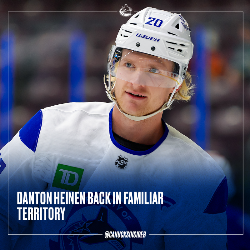 CanucksInsider's tweet photo. Over the first nine years of Danton Heinen’s NHL career, playing in Rogers Arena has been enemy territory.

Now, back in his old stomping grounds and playing in a place that feels like a second home, he’s enjoying every minute of it.

FEATURE READ 👇