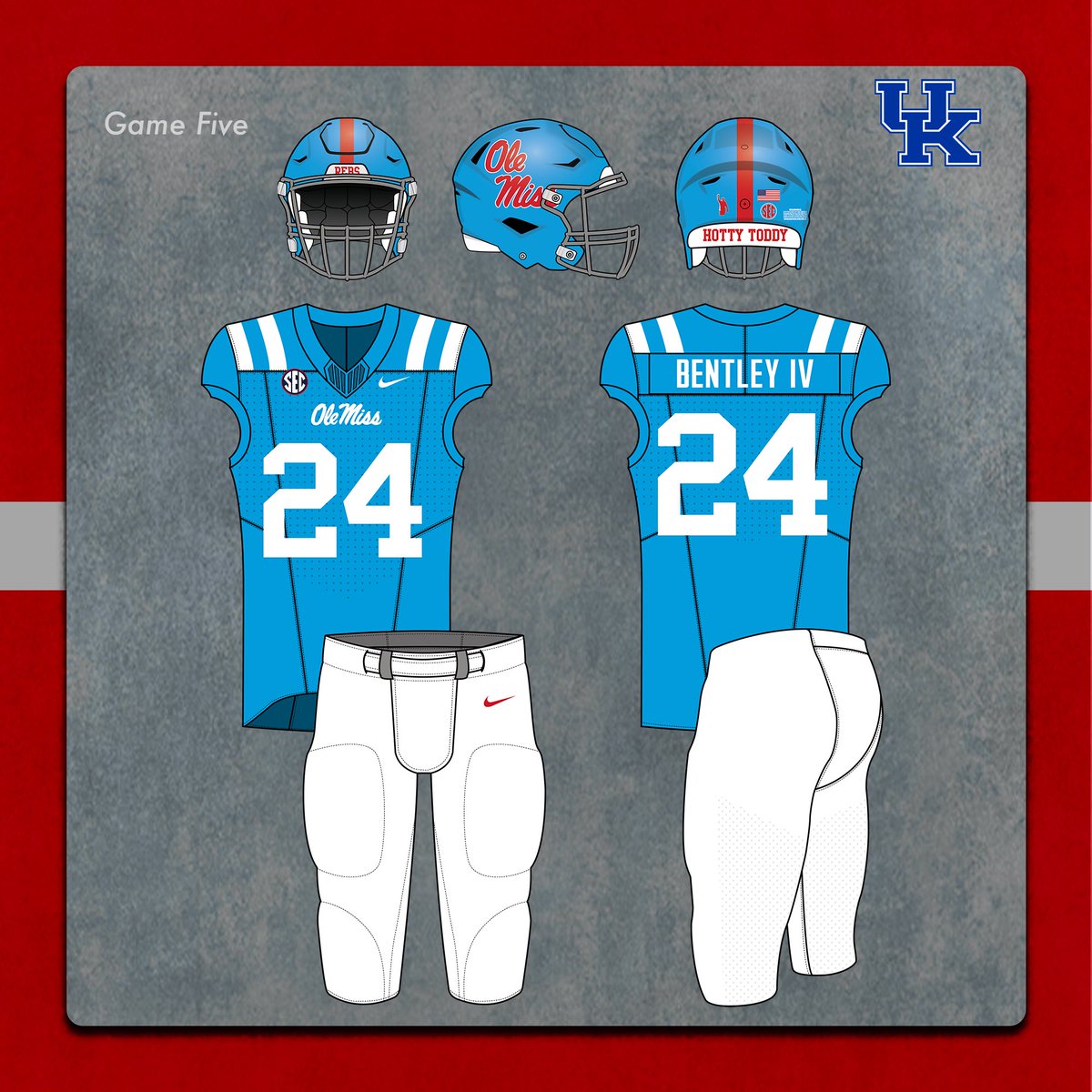 OleMissUnis's tweet photo. Ole Miss will be wearing powder/powder/white this Saturday as they take on the Kentucky Wildcats.
#HottyToddy | #DripInTheSip | #RebThreads https://t.co/1gnZaleZDz