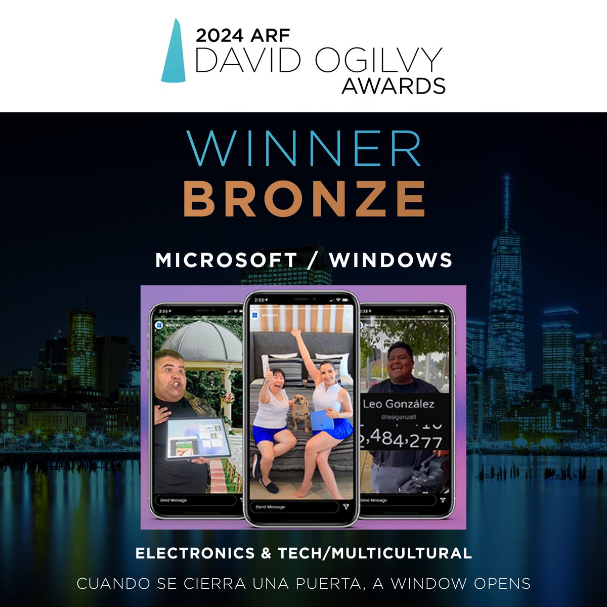 the_ARF's tweet photo. Taking home Bronze in the Electronics &amp; Tech category is Microsoft Windows for their Cuando Se Cierra Una Puerta, A Window Opens campaign, congratulations to the team! #ARFOgilvys https://t.co/ZiQi2mpIHU