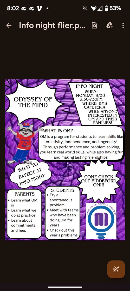 VictoriaSalo's tweet photo. OM Information Night Mon. Sept. 30th at BMS  cafeteria at 6:30 pm. https://t.co/3s0Q9hgOkf