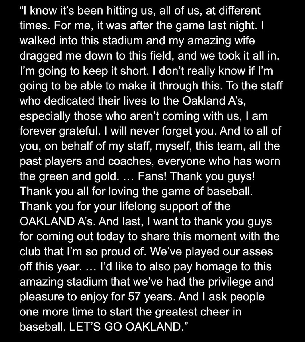 MartinJGallegos's tweet photo. Mark Kotsay’s heartfelt speech to the Oakland Coliseum crowd after the final game: https://t.co/TqWcdGXYDX