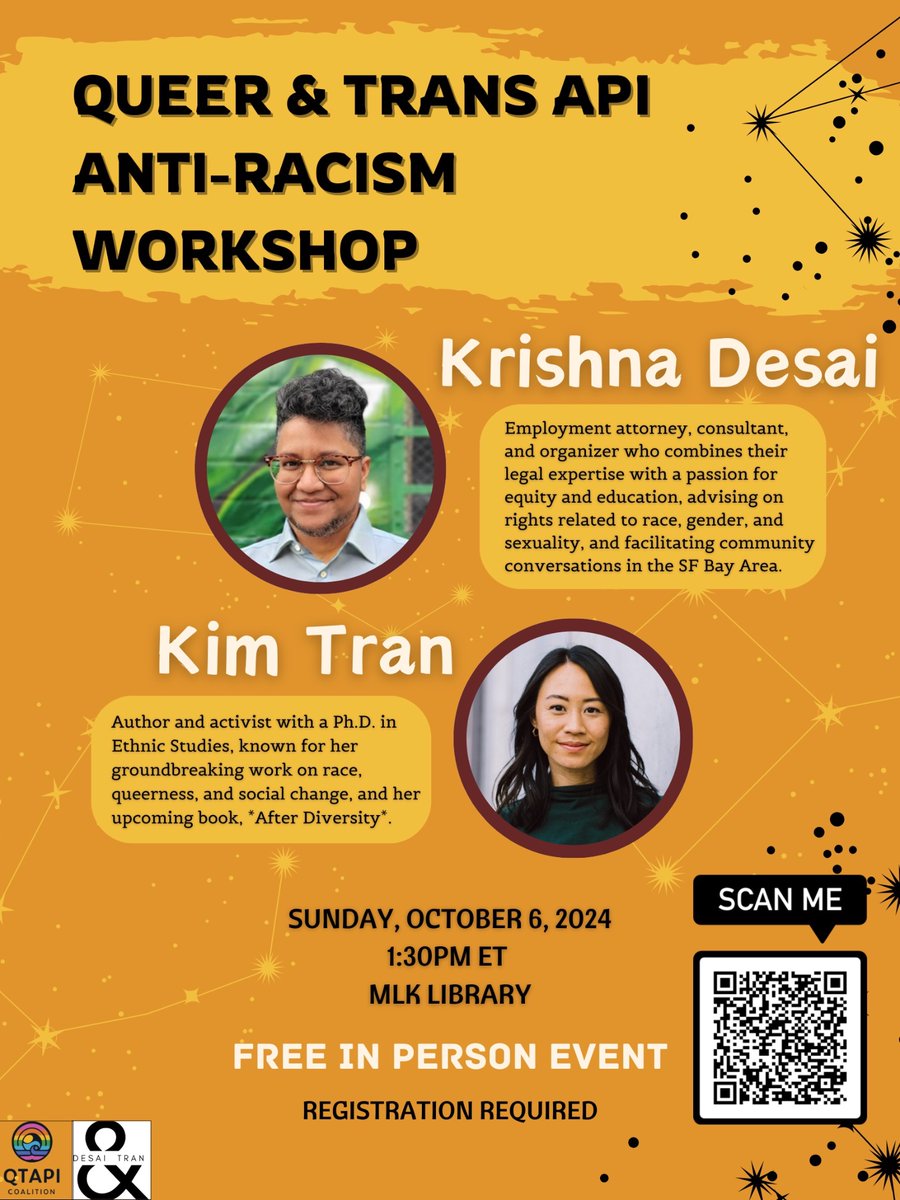 Happy fall🍁
Join us for an Anti-racism Workshop for QTAPI folx!
 
📝Queer 🏳️‍🌈 &amp; Trans 🏳️‍⚧️ API Anti-Racism Workshop

⏰ 1O/6 | 1:30PM

📖MLKLibrary 901 G St NW Washington DC 20001

📱 R.S.V.P. bit.ly/QTAPIAntiRacism 

🗣️ #KimandKrishna of #DesaiandTranConsulting

👩🏽‍🏫Bring friends!