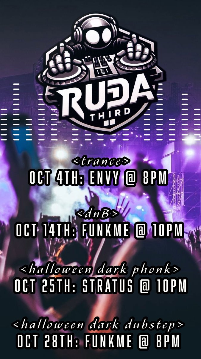 RuDaThird3DX's tweet photo. My October gigs so far! ...
#DJ #RuDaThird #OctoberGigs #EDM https://t.co/rdzfCCa4n7