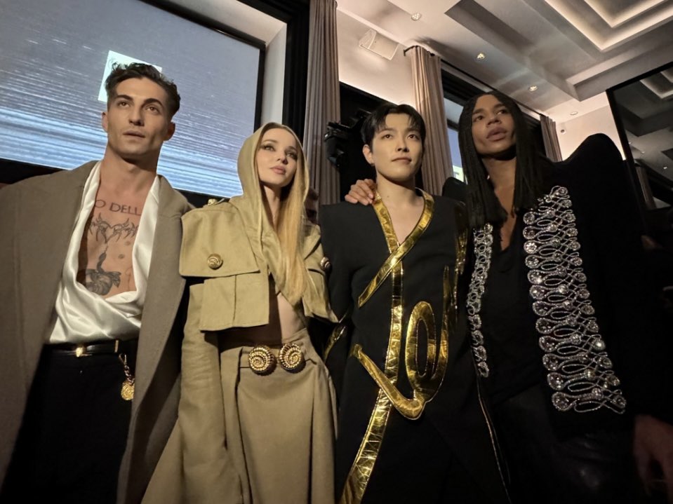 1024updates's tweet photo. [📷] Hongjoong with Damiano David, Dove Cameron and Olivier Rousteing at the launch of Balmain Beauty

#HONGJOONG #홍중 #BALMAIN #BALMAINSS25 @ATEEZofficial @Balmain https://t.co/i4BU7htERs