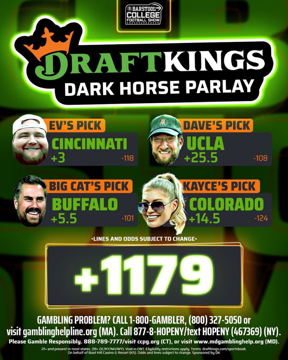 BarstoolCFB's tweet photo. Ride with the crew in week five for the DK Dark Horse Parlay presented by @DraftKings 

@BarstoolBigCat: Buffalo (+5.5)
@stoolpresidente: UCLA (+25.5)
@KayceSmith: Colorado (+14.5)
@DoubleVodkaDon: Cincinnati (+3)

#DKPartner https://t.co/o6qCY2L5U8