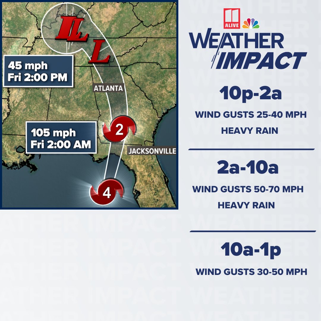11AliveNews's tweet photo. WEATHER IMPACT TIMELINE 🕒 Here’s what to expect tonight and into tomorrow. 
#11Alive #11AliveNews #HurricaneHelene #TrackingHelene #StormPrep https://t.co/43sYYx1ga8