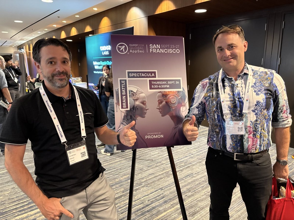 Jonathan Marcil (@jonathanmarcil) on Twitter photo About to jump in on stage with the one and only <a href="/jerryhoff/">Jerry Hoff</a> to host Brain Battle Spectacula sponsored by Promon at @OWASP Global AppSec San Francisco 2024 About to jump in on stage with the one and only <a href="/jerryhoff/">Jerry Hoff</a> to host Brain Battle Spectacula sponsored by Promon at @OWASP Global AppSec San Francisco 2024