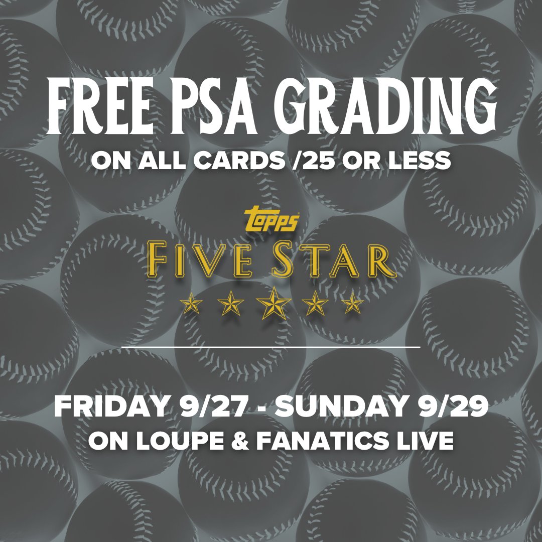 Hit_Seekers's tweet photo. @Topps Five Star drops tomorrow at 9am ET and we're running a promo! Through the weekend, get free PSA grading on all cards numbered /25 or less in Five Star breaks and personals. We're currently pre-selling teams in our first breaks NOW on @LoupeTheApp and @fanaticslive https://t.co/D25nuY9ho7