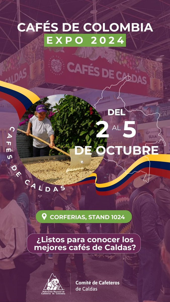 ☕️🍒👏🏻 Estamos listos para Cafés de Colombia Expo 2024
🗓️ Del 2 al 5 de octubre 
📍 En Corferias, Bogotá, Cafés de Caldas Stand 1024. 

✅@fnc_caldas <a href="/GoberCaldas/">Gobernación de Caldas</a> <a href="/CiudadManizales/">Alcaldía de Manizales</a> y las Cooperativas de Caficultores de Caldas, Entrada gratis con Cédula Cafetera.
 @fedecafeterosc