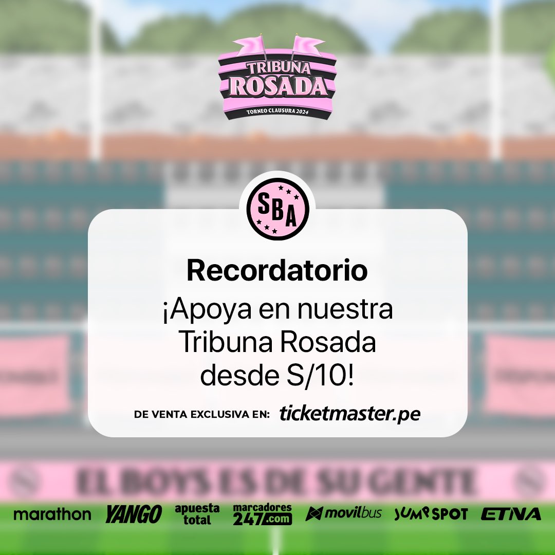 🔔 ¡RECORDATORIO! 🔔

📣 ¡Es momento de seguir alentando desde nuestra Tribuna Rosada! 🏟️👚

🌐 Compra tus entradas virtuales, Tribuna Rosada VIP y banderolas:
🔗 bit.ly/TribunaRosadaU…

#VamosBoysTodaLaVida 
#TribunaRosada2024