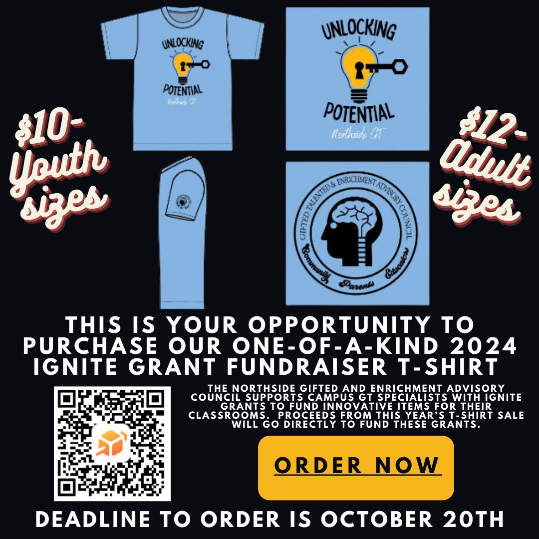 Support NISD GT programs! The GTEAC iGniTe Fundraiser is live! Help raise funds for resources, tech, &amp; curriculum by purchasing a limited edition t-shirt.
Order by Oct. 20: tinyurl.com/gteac2024
Shirts delivered in Nov.  Thank you for your support! #SupportGT #NISDiGniTe
