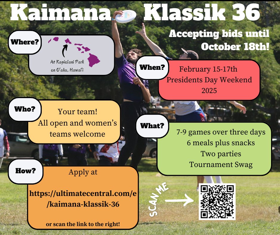 PartyWaveUlti's tweet image. Calling all ultimate teams! Kaimana Klassik 36 is here, and bids are now being accepted. Get yours in before the window closes on October 18th! More information below.