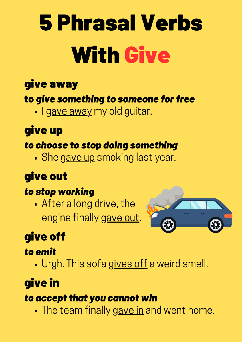 Yesterday, we did a grammar challenge that involved the phrasal verb "give up." 

Here are some more phrasal verbs that include "give."