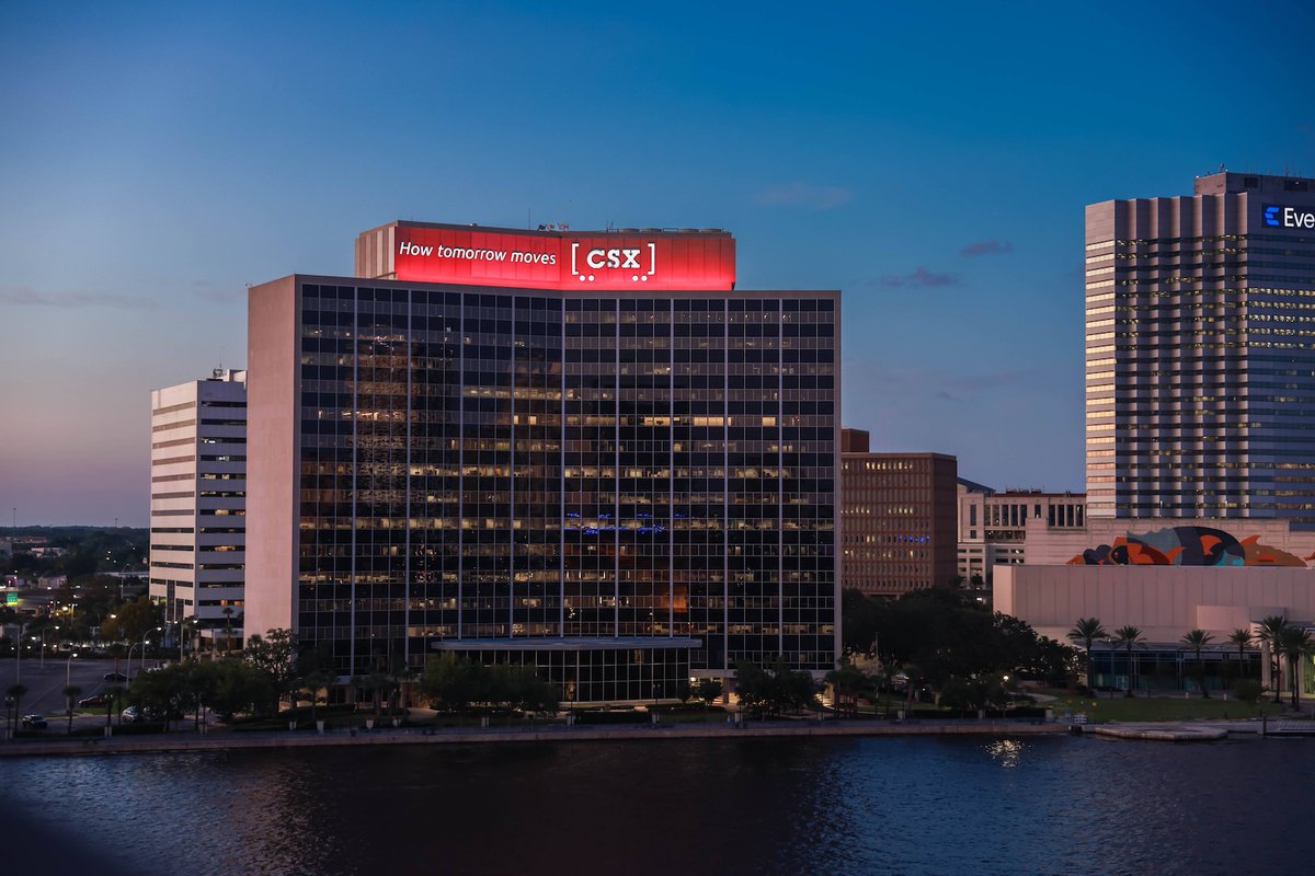 CSX's tweet image. Red out for rail safety! As part of #SeeTracksThinkTrainWeek, CSX is lighting our headquarters red to raise awareness about the importance of rail safety. Whether driving, walking, or biking—it’s critical to stay alert near trains &amp;amp; tracks. #TogetherForSafety #STOPTrackTragedies