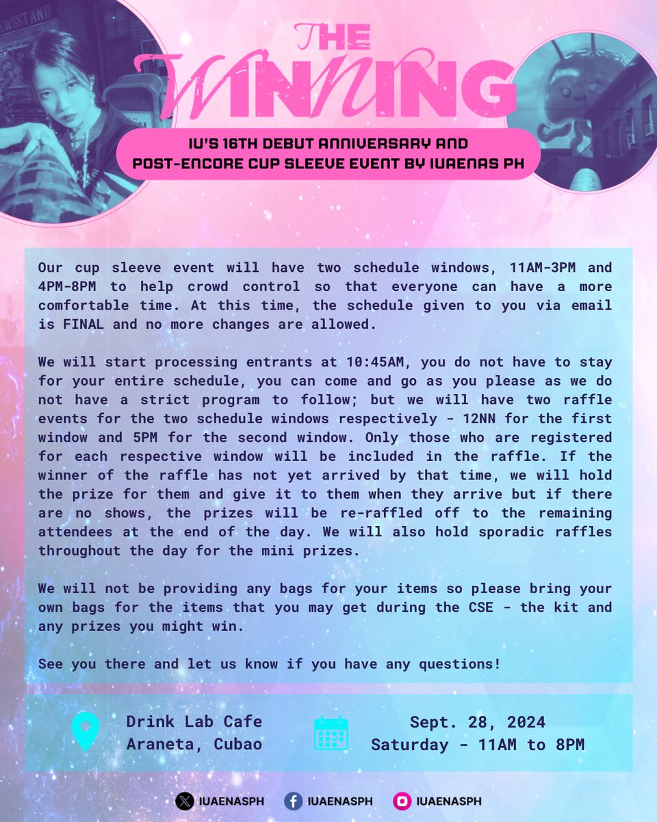 IUaenasPH's tweet photo. Some more information regarding our Cup Sleeve Event tomorrow! Please read everything carefully and let us know if you have any questions and/or concerns!

See you there! 👋 https://t.co/BlNdB0QlvE