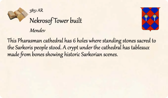 GolarionToday's tweet photo. 3851 AR: Nekrosof Tower built
#Mendev #Sarkoris #NekrosofTower #3851AR
https://t.co/9nbSB3ulYh
This Pharasman cathedral has 6 holes where standing stones sacred to the Sarkoris people stood. A crypt under the cathedral has tableaux made from bones showing historic… https://t.co/0LJFn5gG6W