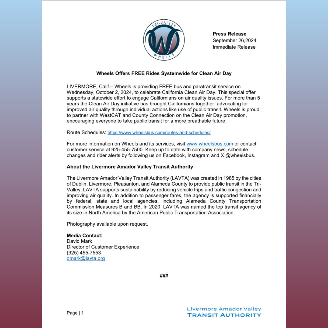 wheelsbus's tweet image. PRESS RELEASE—

Wheels Offers FREE Rides Systemwide for Clean Air Day

#WheelsBus #CleanAirDay #October2