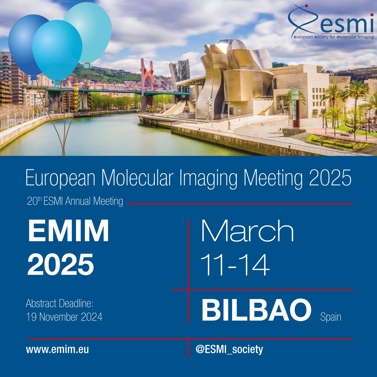 Join the European Molecular Imaging Meeting, March 11-14, 2025 in Bilbao, ES!
Submissions are already possible with deadline 19 November 2024. 
We can't wait to see you next spring in beautiful Bilbao!