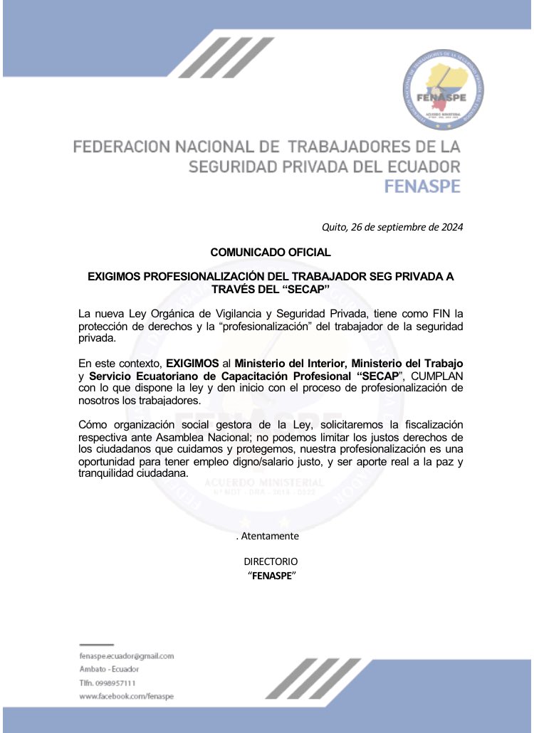🔵🔵🔵
#Atención 
#COMUNICADO
👮‍♀️Los trabajadores de la #SegPrivada “exigimos” se CUMPLA con la #Ley
y se de inicio con nuestra  #Profesionalizacion a través del <a href="/secap_ec/">SECAP</a> ✅👮‍♀️

<a href="/MinInteriorEc/">Ministerio del Interior Ecuador 🇪🇨</a> 
<a href="/MinTrabajoEc/">Ministerio del Trabajo Ecuador 🇪🇨</a> 
<a href="/ivonneabogada/">Ab Ivonne Nuñez</a> 
<a href="/Palencia3Monica/">Mónica Palencia Nuñez</a> 
<a href="/LyonelCalderon/">Lyonel Calderón, Doctor en Derecho</a>