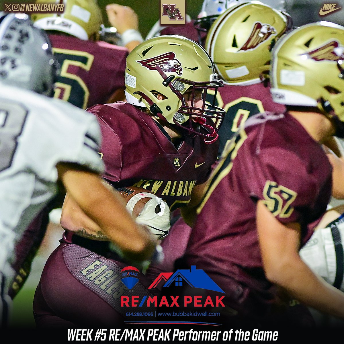 The Week 5 RE/MAX PEAK Performer of the Game is Grant Nelson. The senior FB rushed for 146 yards on 27 carries and a touchdown in the Eagles win against Hilliard Bradley.
