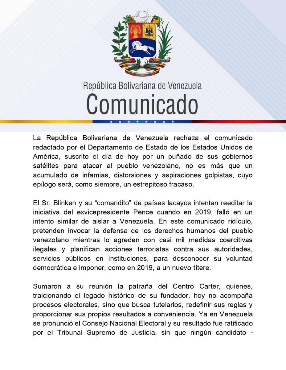 #ÚLTIMOMINUTO | Mediante un comunicado oficial el Gobierno de #Venezuela 🇻🇪rechaza el comunicado redactado por el Departamento de Estado de los #EEUU🇺🇸,  y señala que se "busca para atacar al pueblo venezolano, no es más que un acumulado de infamias, distorsiones y aspiraciones