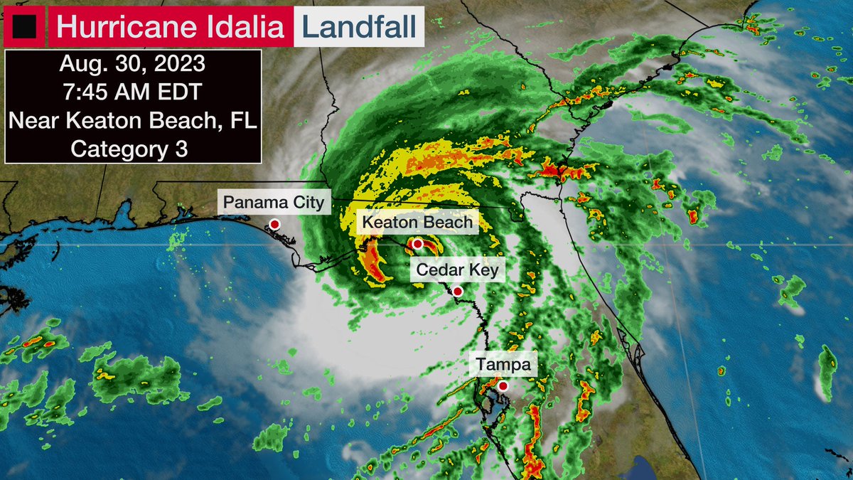 wxjerdman's tweet photo. Idalia, Debby, now #Helene. 

3 Big Bend #Florida #hurricane landfalls in less than 13 months. 

3 of the last 5 hurricanes to landfall in the U.S. in the Big Bend.

All within ~ 25 miles of each other. https://t.co/PbDF9dFMPV