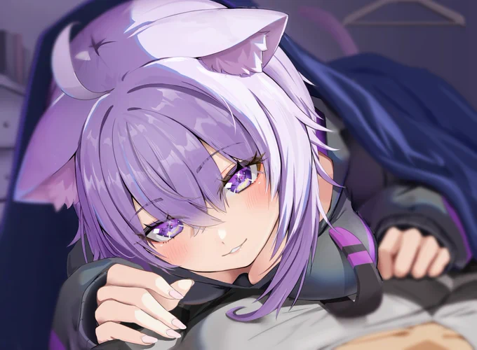 布団に潜り込んでたおかゆんあ、起きちゃった?お邪魔してま～す#絵かゆ(1/2) 