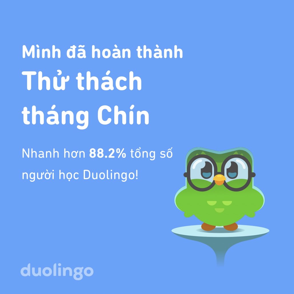thinhnguyen181's tweet photo. Mình đã hoàn thành Thử thách tháng Chín nhanh hơn 88.2% người học trên Duolingo! https://t.co/bdYe9RwW6v