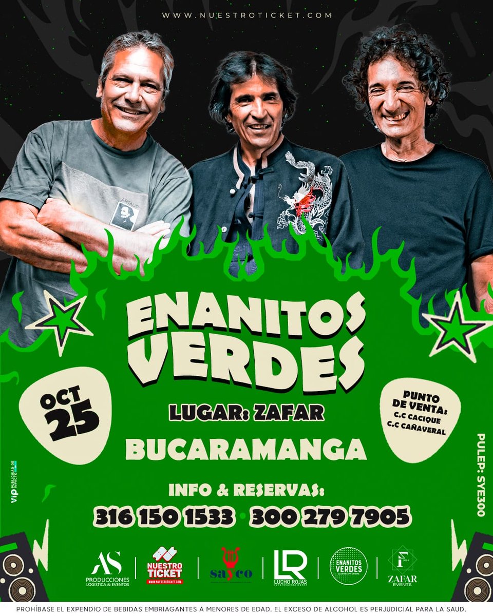 Seguimos nuestro recorrido por la cordillera de los Andes. Una de nuestras próximas paradas será en Bucaramanga. 
📅 Fecha: 25 de octubre
🎟️ Boletas disponibles en <a href="/nuestroticket/">NUESTRO TICKET</a>
Organiza: @asproduccionesyeventos

#LosEnanitosVerdes #GiraFeroz #Bucaramanga  #ConciertoBucaramanga