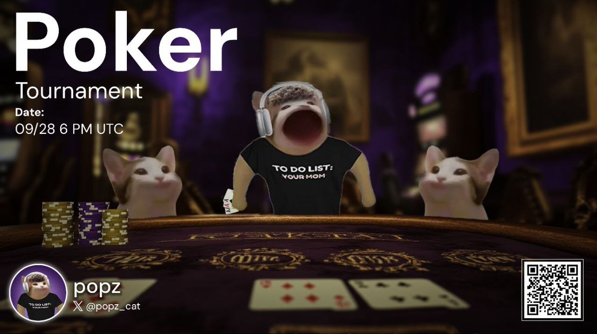 🥇 $Popz Poker Tournament is coming! 
Free registration is open to everyone.

⏰ Event Date: September 29, 02:00 (UTC+8)
🏆 Prize Pool: 250,000 $Popz (~230 USDT)

Join the Popz Cat Poker Tournament, where Popz meets poker in partnership with <a href="/LePokerGame/">LéPoker</a> ! Face off against other